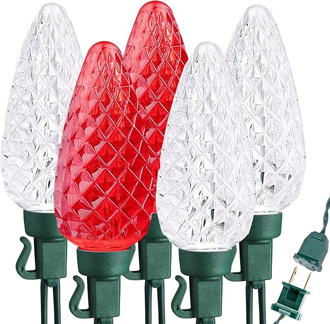 Brizled Red & White Christmas Lights, 66ft 100 LED C9 Faceted Christmas Lights, Connectable Outdoor Strawberry String Light, 120V UL Certified Indoor Xmas Light for Tree House Garden Party & Holiday