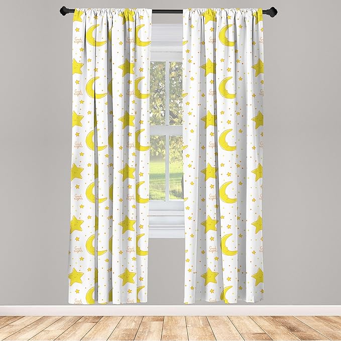 Ambesonne Yellow and White Curtains, Sleeping Crescent Moon and Stars Pattern Night Time Cartoon Illustration, Window Treatments 2 Panel Set for Living Room Bedroom, Pair of - 28" x 95", Pale Yellow