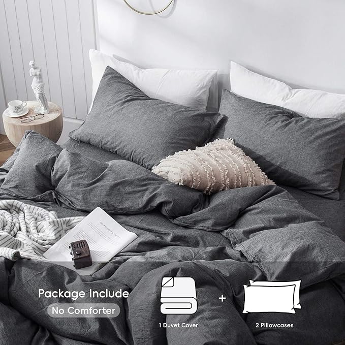 MooMee Bedding Duvet Cover Set 100% Washed Cotton Linen Like Textured Breathable Durable Soft Comfy (Heathered Dark Grey, Palatial King/Oversized King 120"x98")
