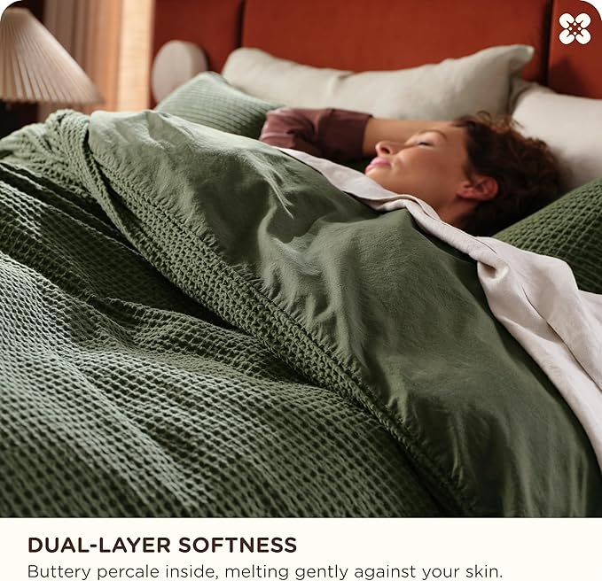 Bedsure Cotton Duvet Cover Queen - 100% Cotton Waffle Weave Olive Green Duvet Cover Queen Size, GentleSoft™ and Breathable Bedding Set for All Season, 3 Pieces, 90"x90"