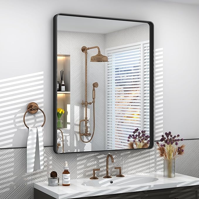 24x32 Inch Black Framed Bathroom Mirror for Wall, Matte Black Metal Wall Mirror, Black Rectangle Vanity Mirror, Tempered Glass, Anti-Rust, Hangs Vertically or Horizontally