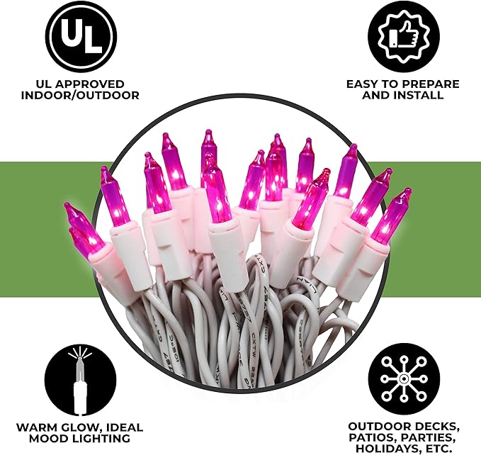 612 Vermont 50 Pink Christmas Lights on a White Wire String, UL Approved, Indoor and Outdoor Use, 9 Foot of Lighted Length, 11 Foot of Total Length