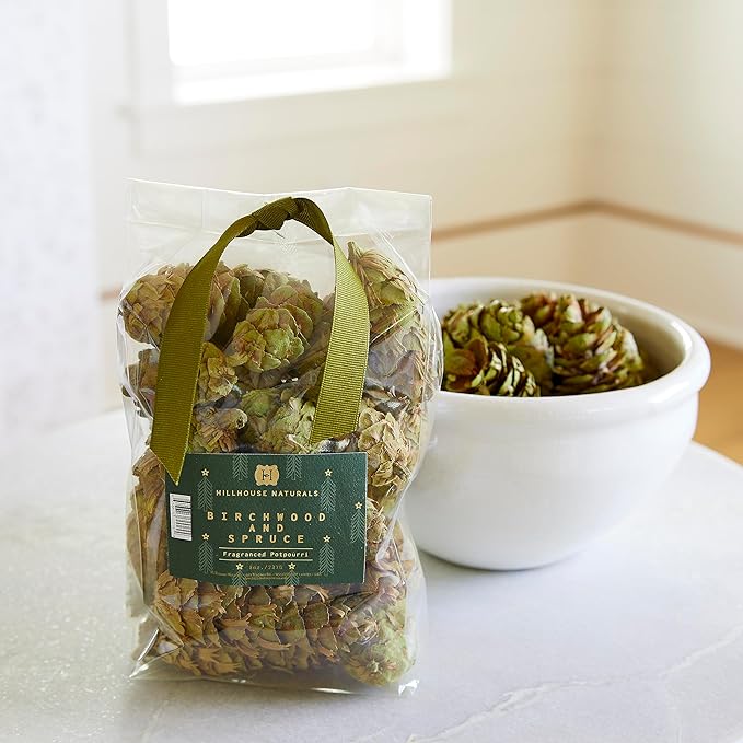 Hillhouse Naturals Birchwood & Spruce 8oz Potpourri Green Pine Cones. Solitude of Winter with fragrances of Aspen Birchwood, Spruce and Bergamot. Made in The USA.