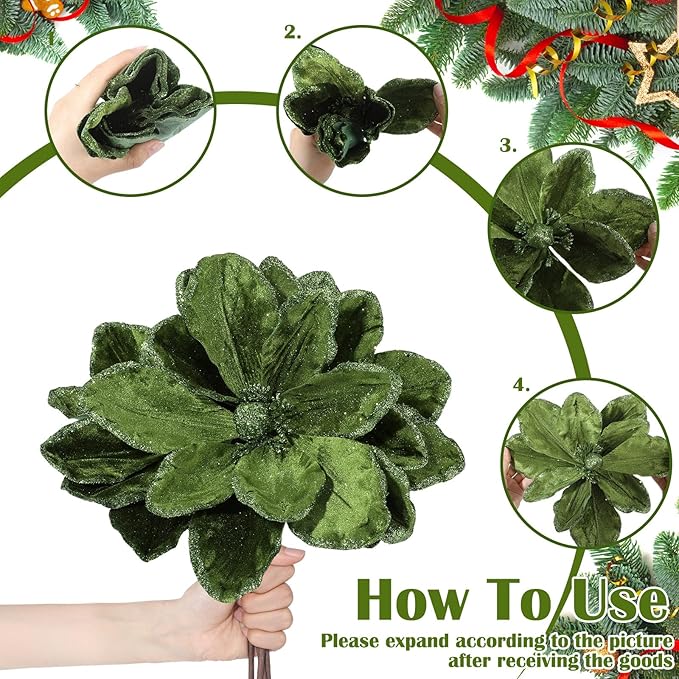 8 Pcs Large Christmas Flower Magnolia Flowers Christmas Tree Decoration Artificial Poinsettia Stems Velvet Xmas Ornaments for Xmas Tree Table Decor (Forest Green,12 Inch)