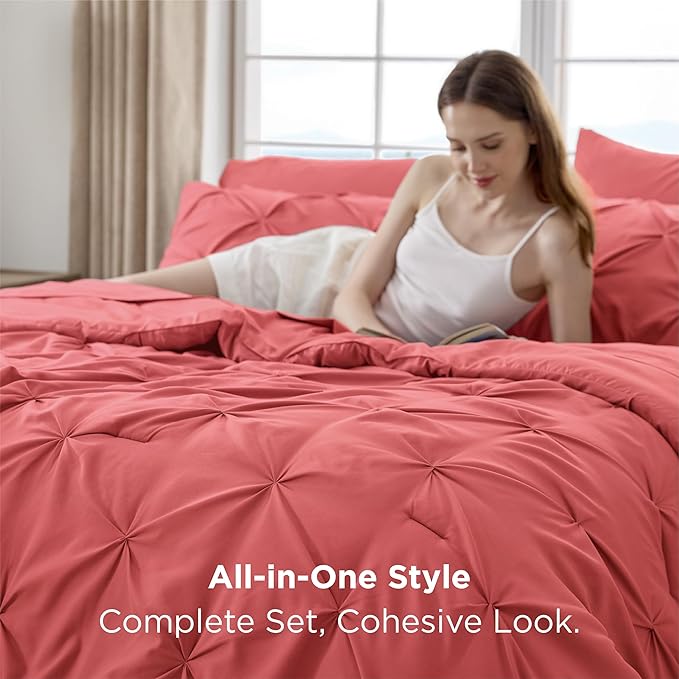 Bedsure Twin Comforter Set Coral Red - Bed in a Bag Twin Size Bedding 5 Pieces, GentleSoft™ Pintuck Bed Set Gift for Family, Pinch Pleat Coral Red Comforter with Sheets, Pillowcase & Sham