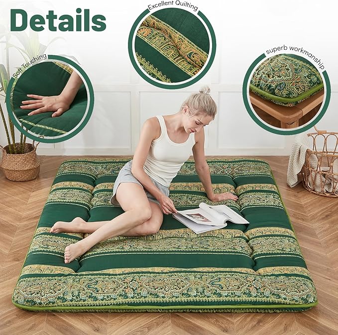 Japanese Floor Mattress, Futon Mattress with Portable Storage Bag and Washable Cover, Roll Up Thick Tatami Mat Suitable for Camping, Guest Room (Bohemian Green, Twin)