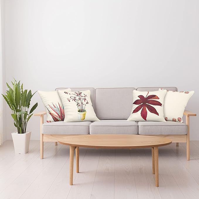 Ambesonne Botanical Throw Pillow Cushion Case Pack of 4, Minimalist Watercolor Painting Leaves Agave Branches Plant in a Pot, Modern Accent Double-Sided Digital Printing, 24", Raspberry Dark Salmon
