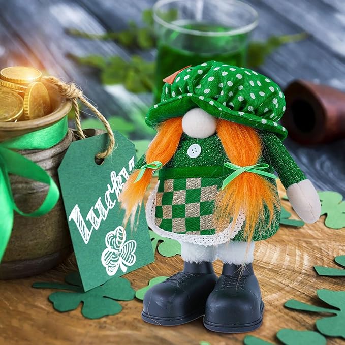 Standing St.Patrick's Day Gnome Plush Doll with Retractable Legs Nordic Scandinavian Swedish Dwarf Gnome Figurines Wearing Glitter Clothes & Black Boots Lucky Green Shamrock Irish Table Decor (A)