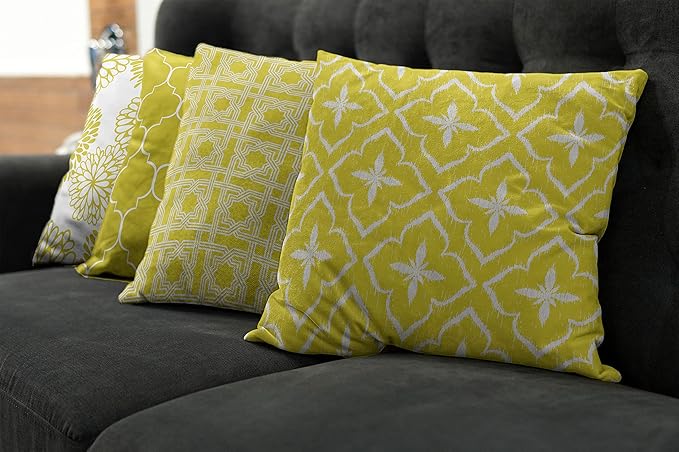 Ambesonne Vintage Throw Pillow Cushion Case Pack of 4, Monochrome Design Grid Trellis Quatrefoil Mesh and Dahlia Flowers Modern Print, Modern Accent Double-Sided Digital Printing, 18", Yellow White