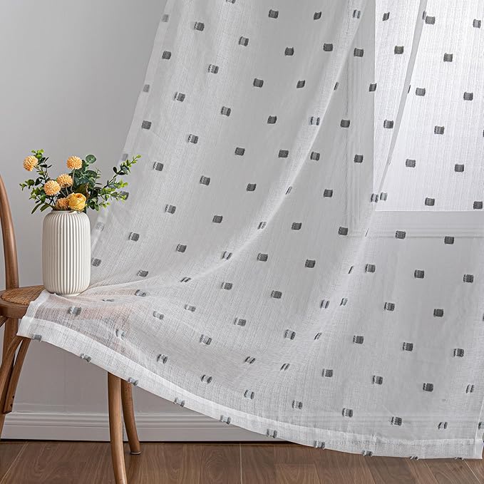 MYSKY HOME White Curtains for Bedroom 72 Inch Length Long Sheer Curtains for Kids Room Nursery Curtains with Grey Patched Design Rod Pocket Privacy Window Drapes Dining Room 52" x 72" 2 Panels