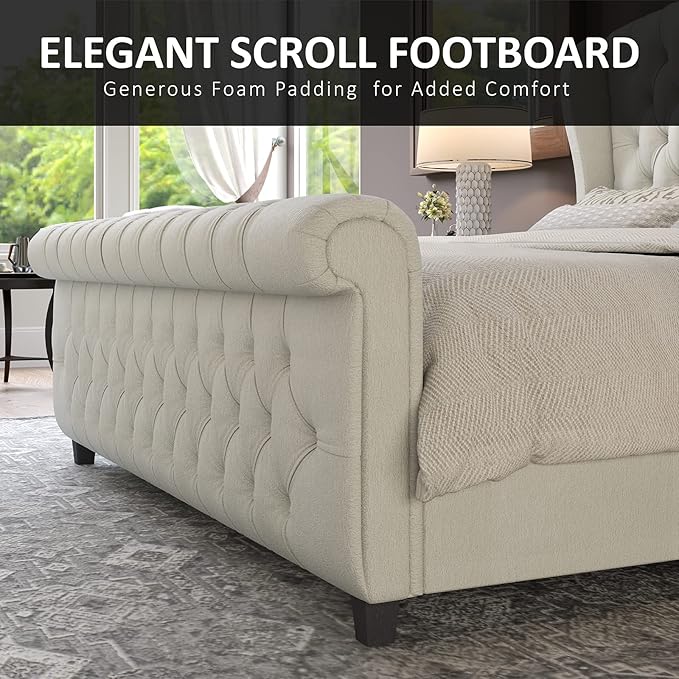 AMERLIFE King Size Platform Bed Frame, Chenille Upholstered Sleigh Bed with Scroll Wingback Headboard & Footboard/Button Tufted/No Box Spring Required/Cream