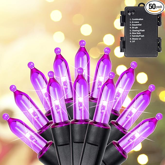Blissun Halloween Lights - 50-Count Black Wire Battery Operated Mini String Light Set With 8 Modes, 16 ft Fairy Lights for Tree Garden Wreath Decorations (1 Pack, Purple)