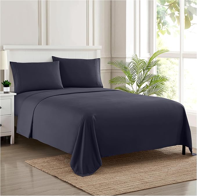 Twin Sheets - Breathable Luxury Sheets with Full Elastic & Secure Corner Straps Built In - 1800 Supreme Collection Extra Soft Deep Pocket Bedding Set, Sheet Set, Twin, Navy