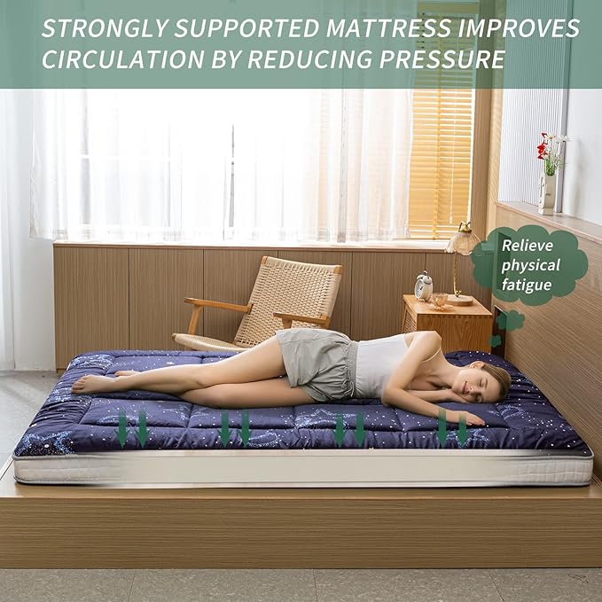 MAXYOYO Japanese Moon and Star Full Size Futon Mattress, Blue, Plush, 54"W x 80"L x 4"H, Foldable, Breathable, Reinforced Support, Moon and Star Pattern, Bedroom, Floor, Guest Room, Tent, Teepee