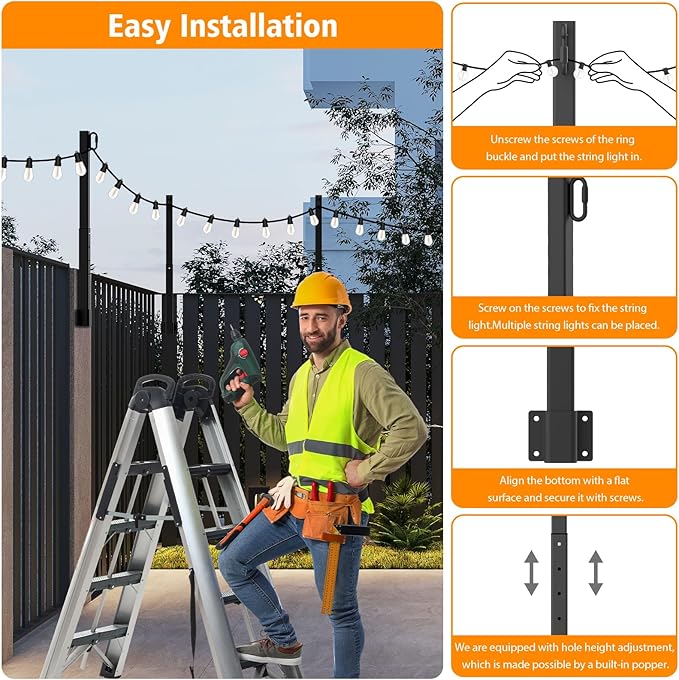 4 Pack 2.8Ft Suspension Outdoor String Light Poles for Outside String Lights Hanging,with Clip and Holder,Light Post Mounting Stand for Patio Fence Wall Garden Backyard Deck