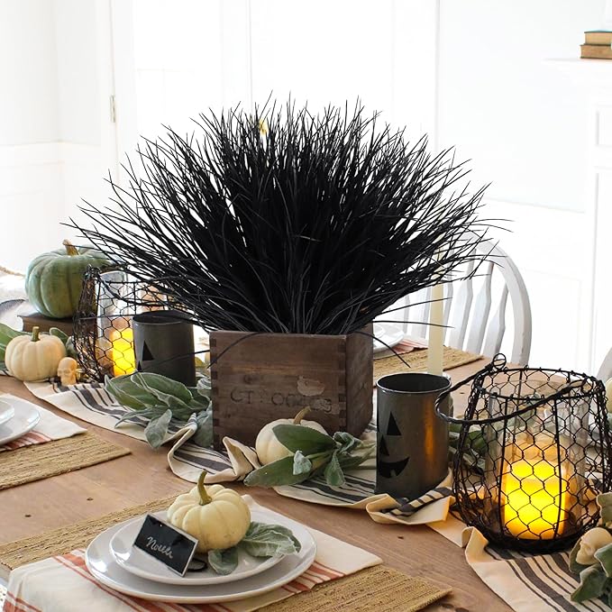 Fake Black Plants,Artificial Grass Fake Plants Outdoor Plants UV Resistant Black Greenery Stems Fake Grass Halloween Plants for Window Garden Patio Pathway Front Porch Halloween Décor 12Pcs(Black)