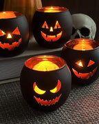 SHMILMH Halloween Table Centerpiece Candle Holders Set of 12, Black and Gold Glass Votive Holder with 6 Grimace, Tealight Holders Bulk for Halloween Party D?or