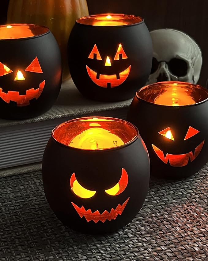 SHMILMH Halloween Table Centerpiece Candle Holders Set of 12, Black and Gold Glass Votive Holder with 6 Grimace, Tealight Holders Bulk for Halloween Party D?or