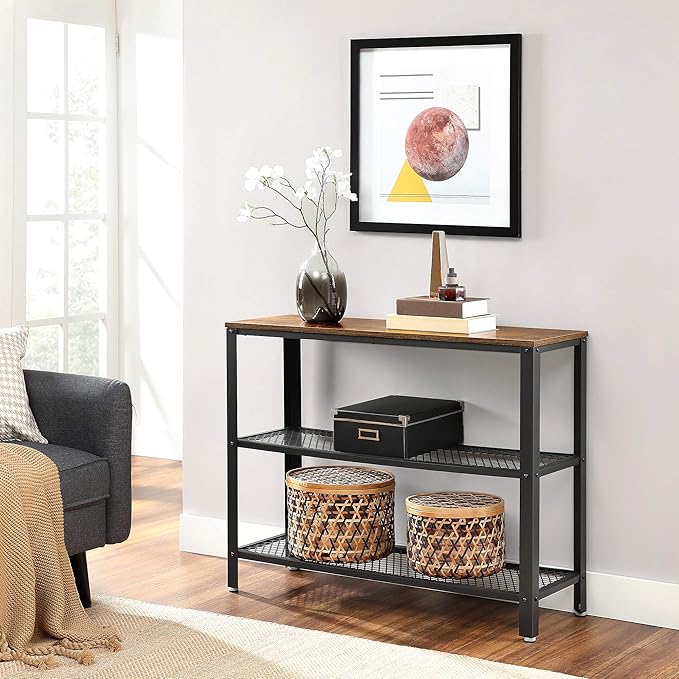 VASAGLE 40" Industrial Console Table, 3 Tier Entryway Table with Storage Shelf, Narrow Sofa Tables for Living Room, Hallway, Entrance Hall, Corridor, Bedroom, Rustic Brown and Black ULNT81BX