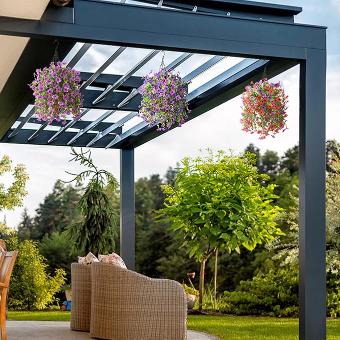 Artificial Fake Hanging Plants Flowers Baskets for Outdoor Outside Spring Decor,Faux Silk Daisy UV Resistant Look Real Summer Decorations for Home Porch Patio Yard Garden(Mix Purple