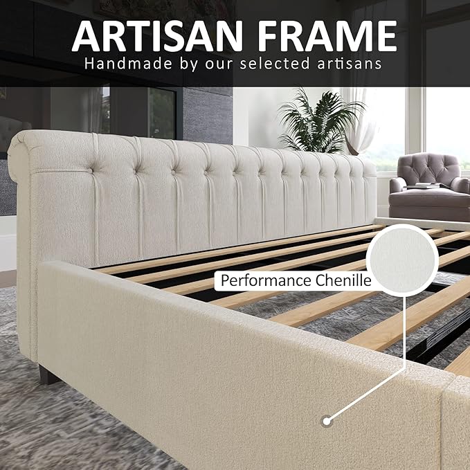 AMERLIFE Queen Size Platform Bed Frame, Chenille Upholstered Sleigh Bed with Scroll Wingback Headboard & Footboard/Button Tufted/No Box Spring Required/Cream