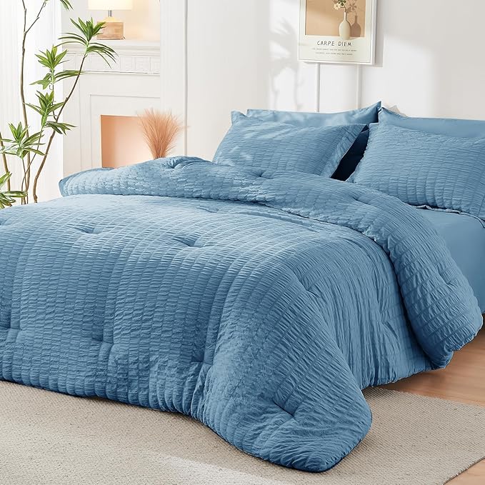 HYMOKEGE Mineral Blue King Size Comforter Set Seersucker 7 Pieces, All Season Luxury Bed in a Bag for Bedroom, Bedding Set with Comforter, Sheets, Pillowcases & Shams