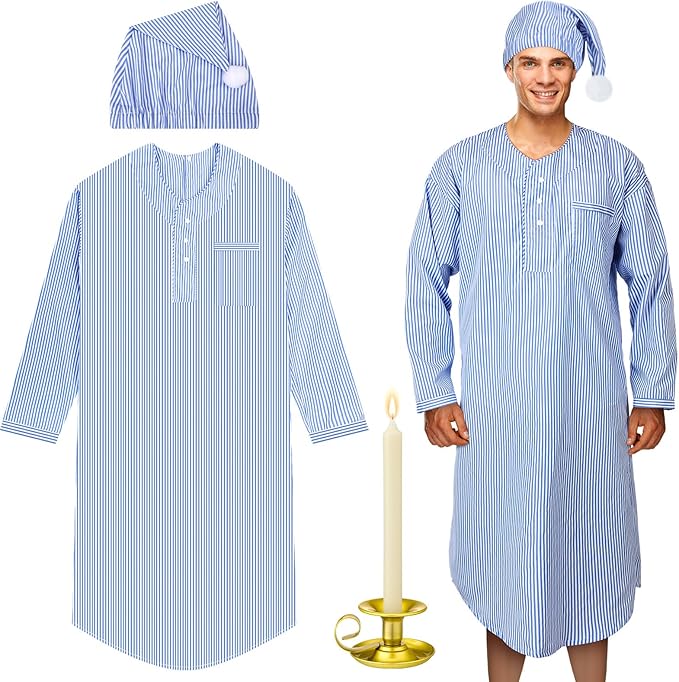 Toulite 4 Pcs Men's Pajama Set Includes Men's Nightshirt Night Sleeping Cap Candle Holder and Candle for Halloween Christmas(3x-large)