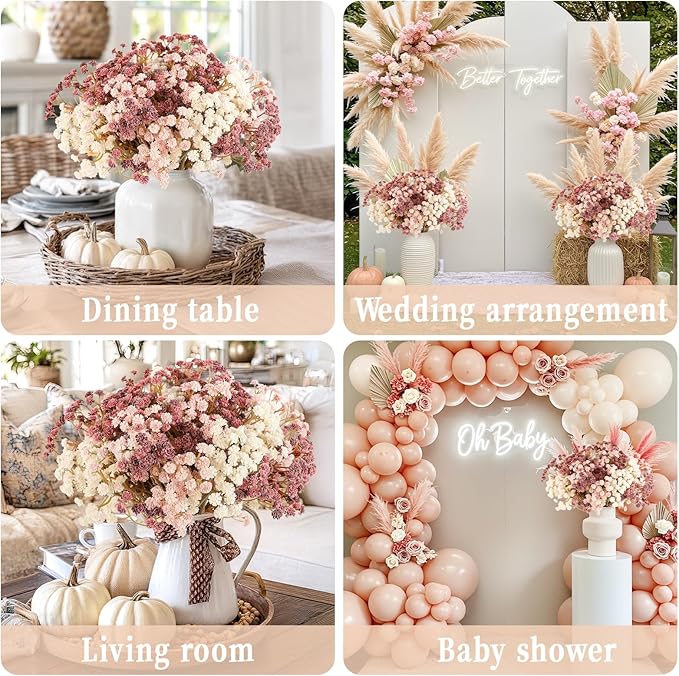 Baby Breath Fall Flowers Artificial Bulk, 15Pcs Fall Decor Fake Gypsophila Plants Bouquets Flowers Real Touch Faux Babies Breath Arrangement for Home Autumn Wedding Party Vase Decoration Pink