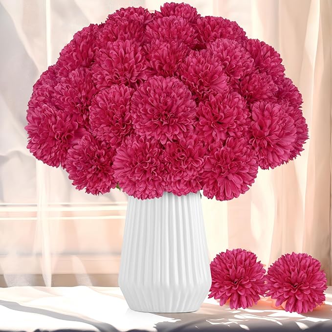 36 Pcs Artificial Chrysanthemums Flowers Hot Pink Flowers Fake Mums Silk Flowers for Christmas Wedding Floral Table Centerpiece Home Decor