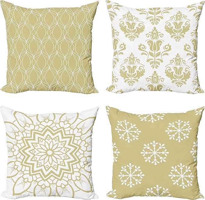 Ambesonne Retro Throw Pillow Cushion Case Pack of 4, Trellis Grid Medieval Floral Damask Mandala Flower Ornament in Modern Monochrome, Modern Accent Double-Sided Digital Printing, 16", Pale Khaki