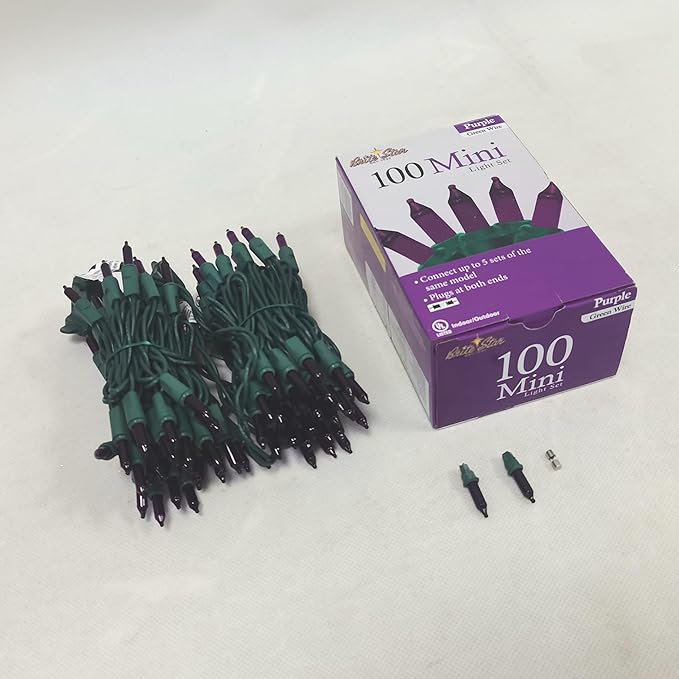 Brite Star 100 Count Mini String Christmas Lights, Purple - 22 feet Indoor/Outdoor Christmas Tree Lights with Green Wire (Set of 2)