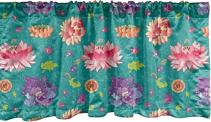 Ambesonne Floral Window Valance Pack of 2, Pattern with Lotus Flowers Peonies and Chrysanthemums Oriental Motifs Garden Art, Rod Pocket Curtain Valances for Kitchen Bedroom, 54" X 12", Teal