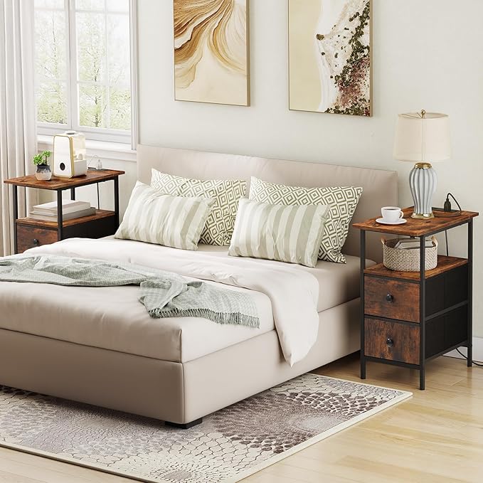 HOOBRO End Table with Charging Station, Narrow Side Table, Nightstand with 2 Non-Woven Drawers, Slim Sofa Side Table, for Small Spaces, Living Room, Bedroom, Rustic Brown and Black BF486UBZ01