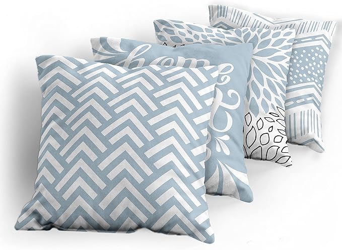 Ambesonne Geometric Throw Pillow Cushion Case Pack of 4, Home Phrase Minimal Zigzag Squama Dahlia Flower Petals Chevron Tribal, Modern Accent Double-Sided Digital Printing, 18", Pale Blue Grey White