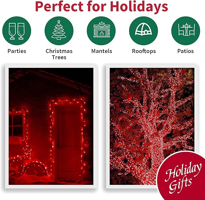 LAMPHOME Super-Bright Extendable Red Christmas Lights Decoration 100Lights 19.6ft UL Certified Mini Bulb String Lights Set for Outdoor Christmas Tree Garden Holiday Party Patio Wedding Garland Decor