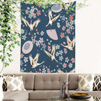 Batmerry Navy Blue Japanese Cherry Tapestry,Oriental Wall Art Hanging Decoration Polyester Fiber White Ruffled Around for Dorm Room Bedroom Living Room, 82.7x59.1 inches