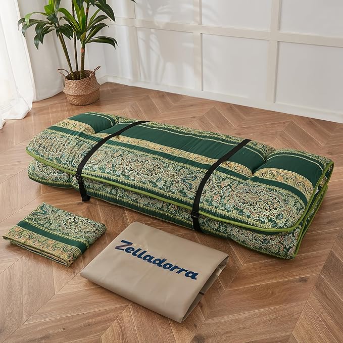 Japanese Floor Mattress, Futon Mattress with Portable Storage Bag and Washable Cover, Roll Up Thick Tatami Mat Suitable for Camping, Guest Room (Bohemian Green, Twin)