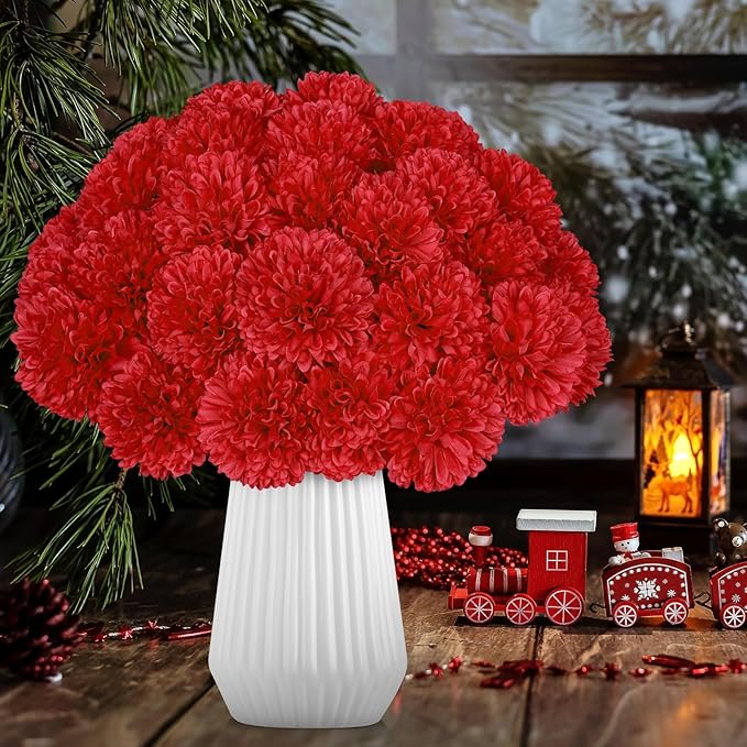 36 Pcs Artificial Chrysanthemums Flowers Red Flowers Fake Mums Silk Flowers for Spring Home Decor Christmas Floral Arrangement Halloween Table Centerpiece