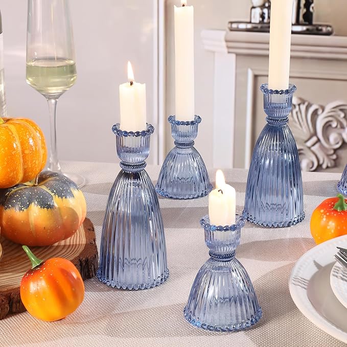 6 Pcs Blue Glass Candlestick Holders (3.5"/6", Assorted)- Tall Taper Candle Holders with Vintage Design, Candle Stick Holders in Bulk for Party Decorations, Blue Candle Holder for Tapered Candles