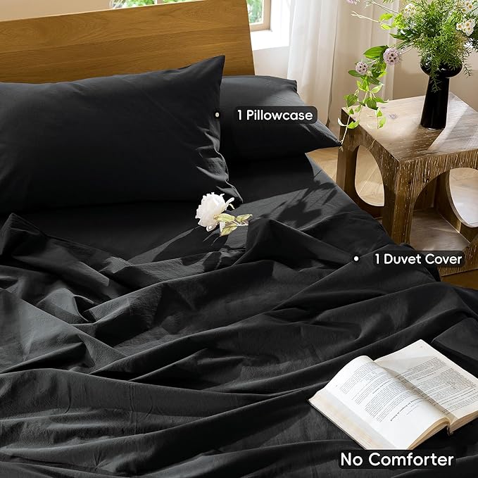 MooMee Bedding Duvet Cover Set 100% Washed Cotton Linen Like Textured Breathable Durable Soft Comfy (Solid Black, Twin 68"x90")