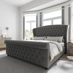 AMERLIFE California King Size Platform Bed Frame, Velvet Upholstered Sleigh Bed with Scroll Wingback Headboard & Footboard/Button Tufted/No Box Spring Required/Grey