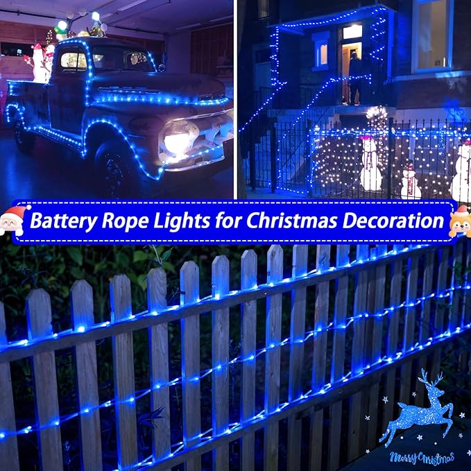 JMEXSUSS 2 Pack Battery Operated Rope Lights Outdoor Waterproof, Total 200LED 66ft 8 Mode/Remote Battery Christmas String Lights, Blue Pool Light for Trampoline Camping Balcony Garden Pool Decor