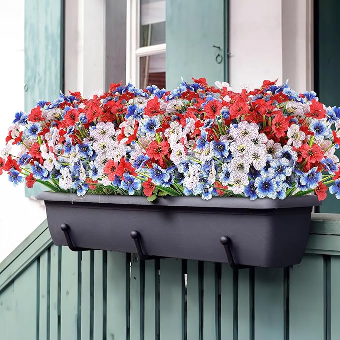 AGIRL 24 Bundles Artificial Flowers for Outdoor,No Fade Fake Plastic Flowers for Garden Porch Window Box Home,Red White Blue Faux Plants for 4th of July Memorial Day Independence Day Patriotic Decor