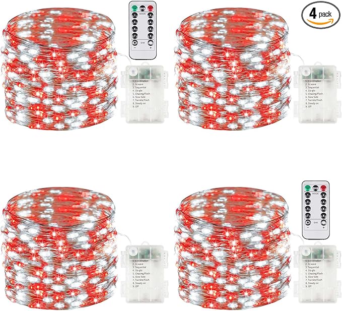 4-Pack 33FT 100 LED Fairy Lights Battery Operated with Remote Timer, Fairy Christmas String Lights for Bedroom Decor, Waterproof 8 Modes Twinkle Lights for Room Garden Party Wedding (Red and White)