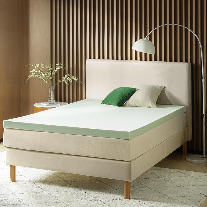 ZINUS 3 Inch Green Tea Memory Foam Mattress Topper, Smaller, More Convenient WonderBox Packaging, Pressure-Relieving Layers, CertiPUR-US Certified, Short Queen