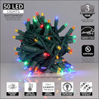 50 Multicolor 5mm LED Christmas Lights, 25 ft Green Wire Indoor/Outdoor Wide Angle Mini String, 6" Spacing, Commercial Grade Party & Holiday Decorations
