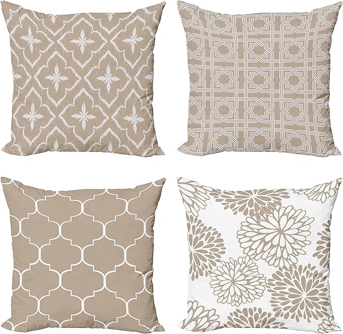 Ambesonne Vintage Throw Pillow Cushion Case Pack of 4, Monochrome Design Grid Trellis Quatrefoil Mesh and Dahlia Flowers Modern Print, Modern Accent Double-Sided Digital Printing, 18", Tan and White