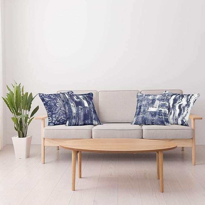 Ambesonne Vintage Throw Pillow Cushion Case Pack of 4, Abstract Grunge Effect Brushstrokes and Waving Striping Stains Paisley Drops, Modern Accent Double-Sided Digital Printing, 16", Violet Blue White