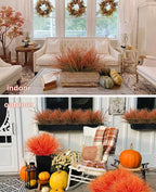 Artificial Fall Plants for Outdoors,Fake Grass Plant,Fall Leaf Stems,UV Resistant Greenery Fake Bushes Artificial Shrubs Wheat Grass Greenery Burnt Orange Plant Filler for Autumn House (Orange)