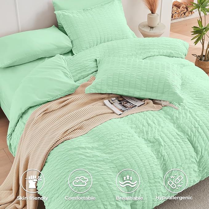 HYMOKEGE Mint Green King Size Comforter Set Seersucker 7 Pieces, All Season Luxury Bed in a Bag for Bedroom, Bedding Set with Comforter, Sheets, Pillowcases & Shams